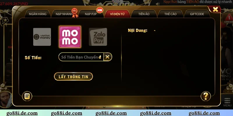 Biểu mẫu nạp tiền vào ví cược